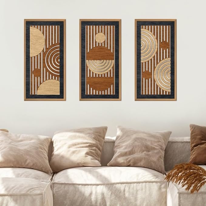 IARTTOP Geometric Wood Framed Wall Art Set of 3 Mid Century Modern Wooden Wall Decor Minimalist Abstract Art Prints Geometric Line Panels Decor for Living Room Bedroom Office 8 x16 Inch