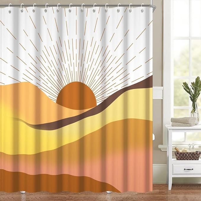Mid Century Boho Shower Curtain Set Abstract Orange Sunrise Mountain Bathtub Curtains Brown Retro Minimalist Aesthetic Bathroom Decor Machine Washable Waterproof Polyester Fabric with Hooks 70x72 Inch
