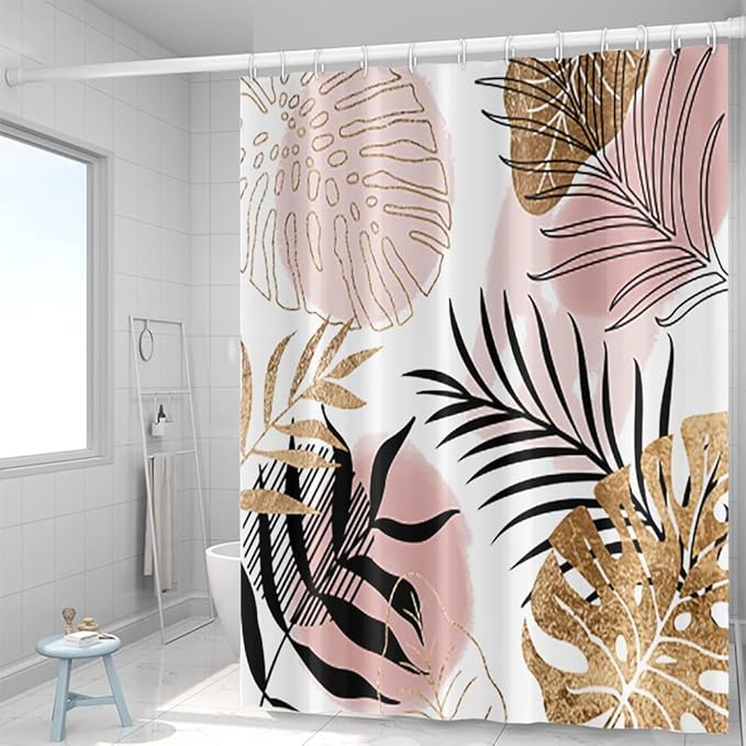 Abstract Boho Shower Curtain Mid Century Palm Leaves Botanical Pink Gold Geometric Modern Aesthetic Bathroom Decor for Women Minimalist 72Wx96H Inches Bath Accessories with 12 Hooks