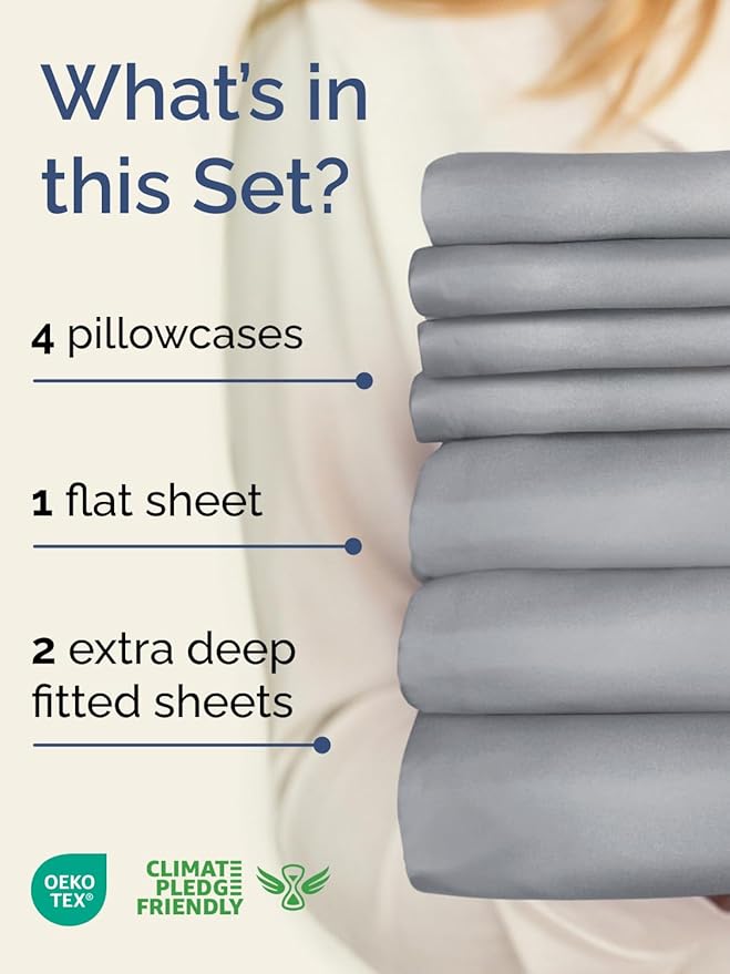 Extra Deep Split King Sheet Set - 7 Piece Breathable and Cooling Sheets - Hotel Luxury Bedding for Women, Men, Kids & Teens - Easy Secure Fit - Soft & Wrinkle Free - Extra Deep Pockets - Steel Blue