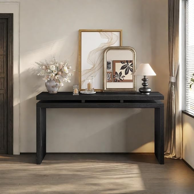 60" Console Table, Retro Narrow Sofa Table with Double Board Suspension Design for Living Room, Black