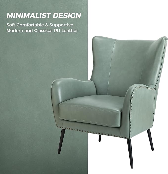 HULALA HOME Faux Leather Accent Chair Set of 2 with Removable Cushion, Comfy Upholstered Armchair with Metal Legs & Nailhead Trim Wingback Vanity Chair for Reading Living Room Bedroom, SAGE