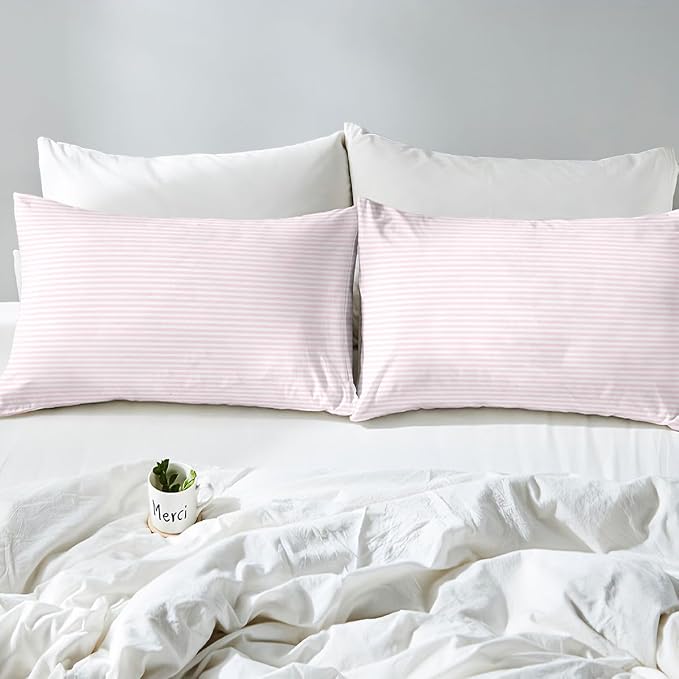 Erosebridal Pink White Stripe Duvet Cover Queen Geometric Ticking Stripes Bedding Set for Kids Teens Farmhouse Vertical Stripes Comforter Cover Modern Abstract Bed Set, 2 Pillowcases