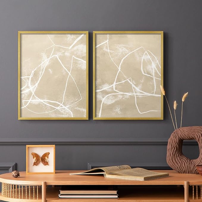 Renditions Gallery Set of 2 Peel & Stick Framed Prints, Neutral Abstract Wall Art, Beige Line Art Pattern Wall Decor, Re-Stickable - Ready to Hang - 16"x20" - GOLD Frame LT588