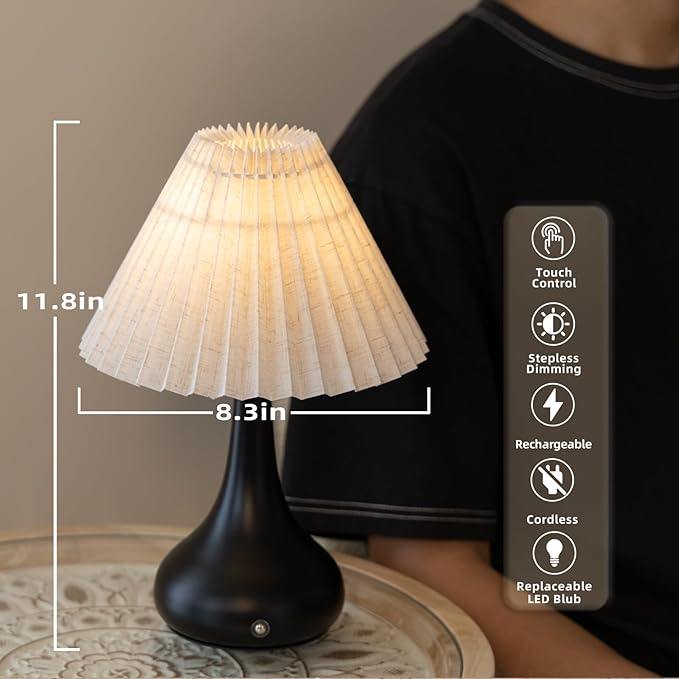 MJ PREMIER Cordless Lamp, Rechargeable Table Lamp with Touch Control, Metal Base, Easy Assembly, Stepless Dimming Pleated Lamps for Bedroom/Tabletop/Corner/Entryway (White)