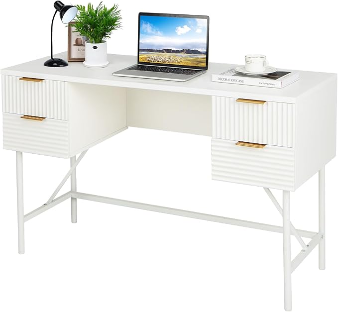 Tangkula White Desk with 4 Drawers, 48 Inch Home Office Desk with Storage, Modern Computer Desk Study Writing Desk with Metal Frame for Bedroom, Study, Office
