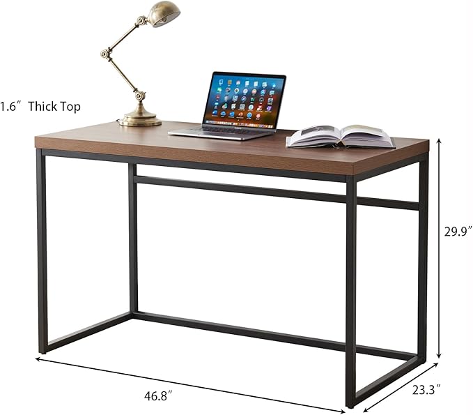 CENSI 47" Walnut Writing Computer Laptop PC Desk, Dark Wood | Extra Thick 1.6" Tabletop, Heavy-duty Metal Frame