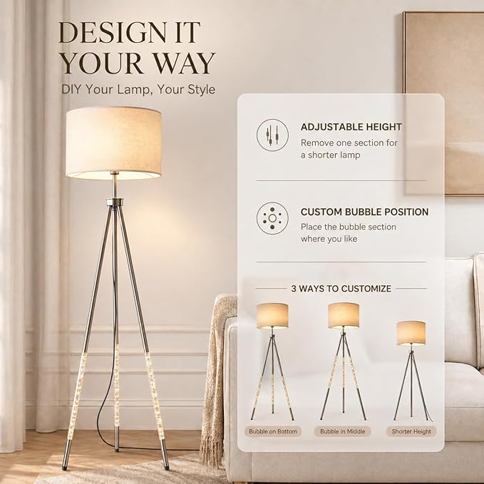 JOOFO Modern Metal Tripod Floor Lamp with Remote Control Tall Standing Decorative Corner Lamp with Oversized Linen Fabric Shade, Foot Switch for Living Room Bedroom Reading Nook Decor, Satin Nickel