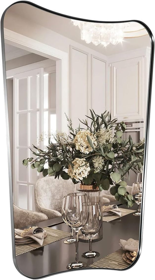 ANDY STAR Brushed Nickel Mirror, 26x38” Scalloped Bathroom Mirrors, Silver Bathroom Vanity Mirror, Modern Scalloped Edge Design in Rust-Proof Stainless Steel 1” Frame