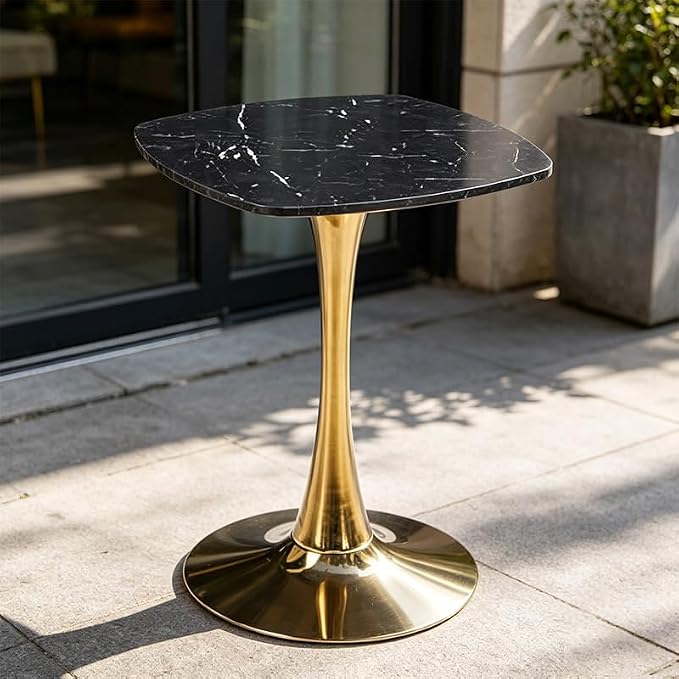 23.62 inches Square Side Table for 2, Special Kitchen Table with Tulip Shape & Metal Pedestal Base, Mid Century Modern Bistro Tulip Table for Bar, Small Space, Cafe