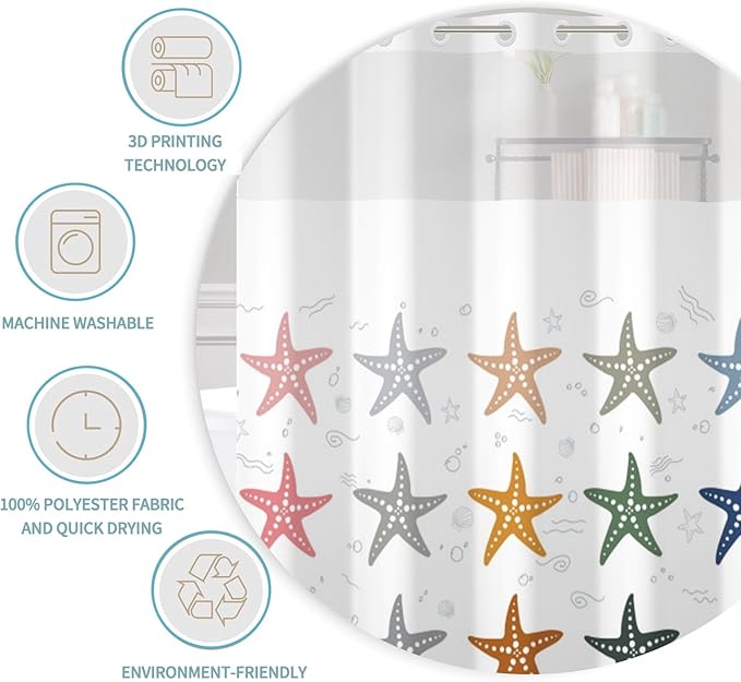 No Hook Shower Curtain with Snap in Liner Set Coastal Starfish Theme Shower Curtain for Bathroom Hotel Style Decor Waterproof and Washable Polyester Fabric Bath Curtains Shower 71Wx74H