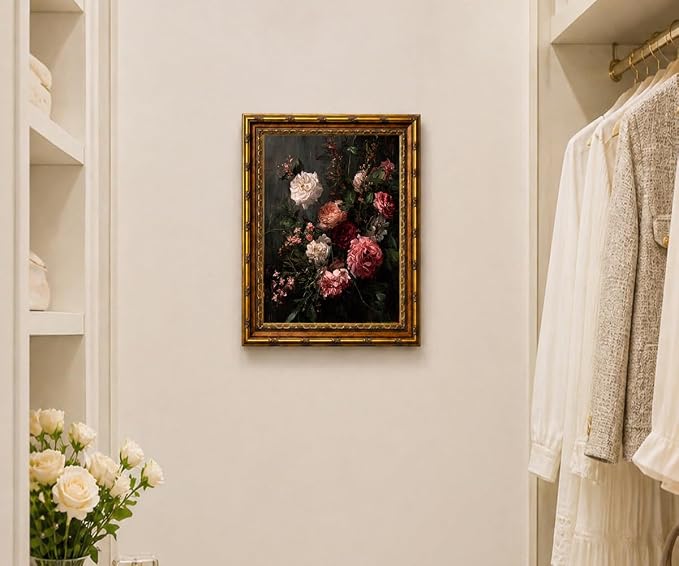 Dark Romantic Floral Wall Art Vintage Botanical Painting Moody Flower Still Life Print Gothic Dark Academia Wall Decor Antique Style Floral Picture Framed Vintage Frame 12x16 Inches