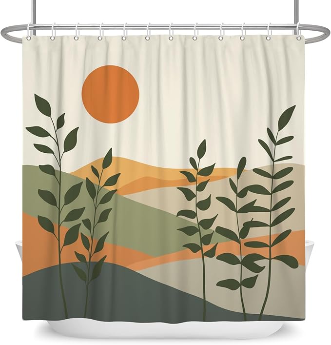 Modern Boho Shower Curtain Set,Mid Century Shower Curtains for Bathroom,Minimalist Sun Waterproof Bathroom Curtains with Hooks 72x72inch