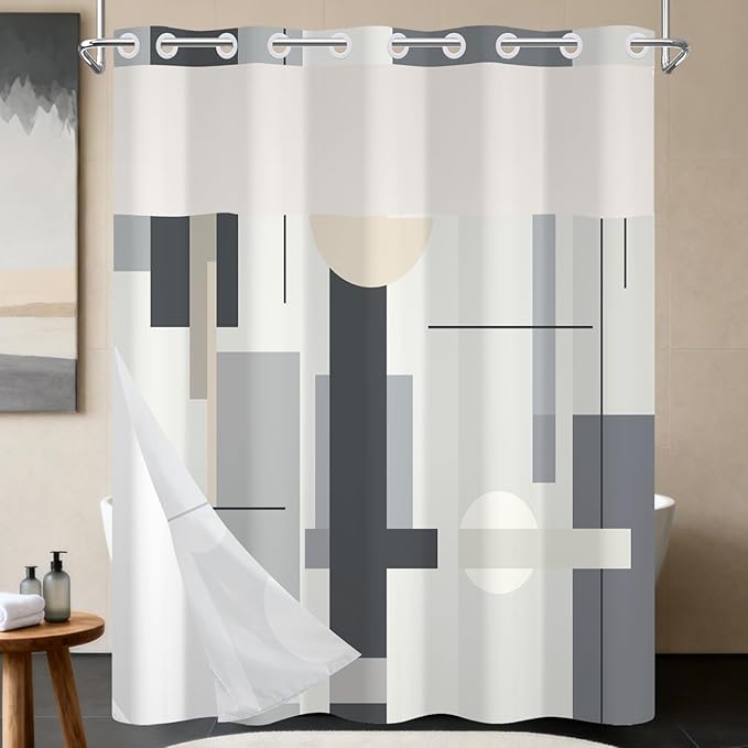 No Hook Shower Curtain with Snap in Liner - Gray & Beige Modern Geometric Shower Curtain with See Through Top Window, Waterproof Cloth Fabric, 71x74 Inch