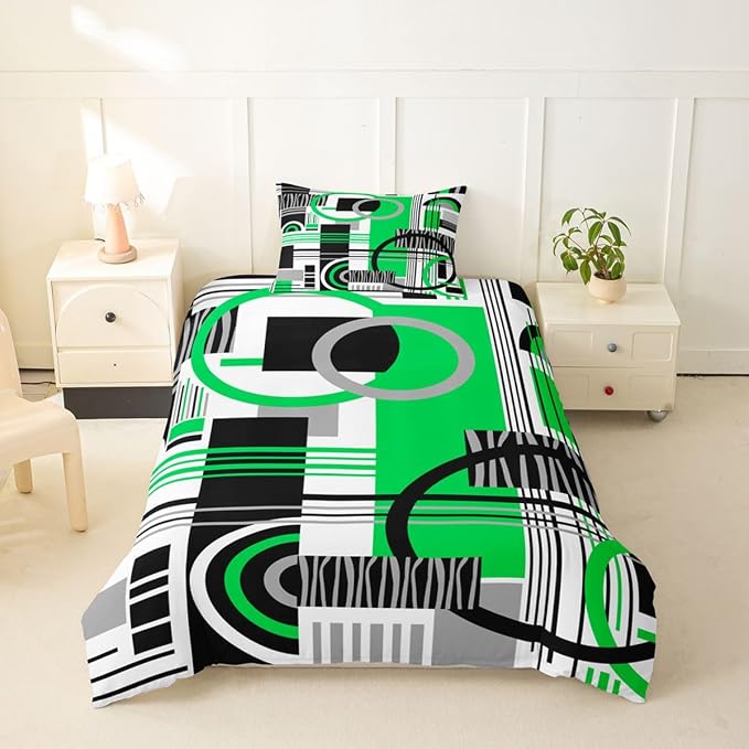 Erosebridal Art Deco Mid Century Duvet Cover Set Retro Modern Abstract Geometric Twin Bedding Sets for Girls Youth Boys Black and White Green Circles Stripes Comforter Cover Contemporary Bed Set