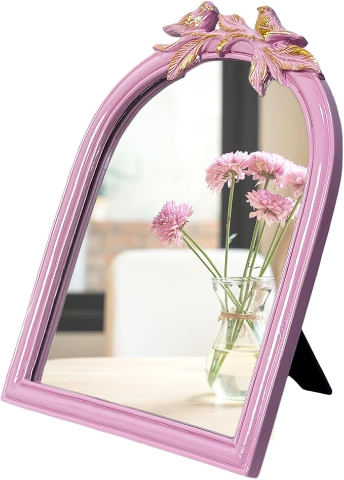 Pink Bird Bow Mirror - 13x10 Inch Elegant Decorative Accent, Wall-Mounted & Tabletop Makeup Mirror for Bedroom Decor