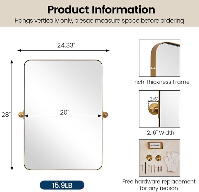 MOON MIRROR Brushed Gold Pivot Mirror, Brass Tilt Vanity Rectangle Pivot for Bathroom, Overall 24.33 x 28 inches(Mirror 20 x 28 inches)