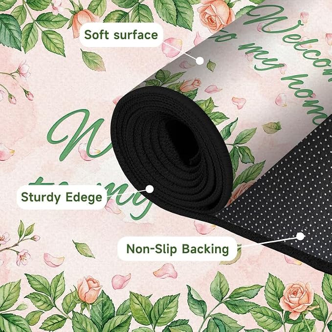 Welcome Rug Floral Area Rug for Bedroom Living Room Nursery Playroom Classroom Home Decor Pink Rose Green Leaf Carpet Non-Slip Washable Floor Mat,4'x6'