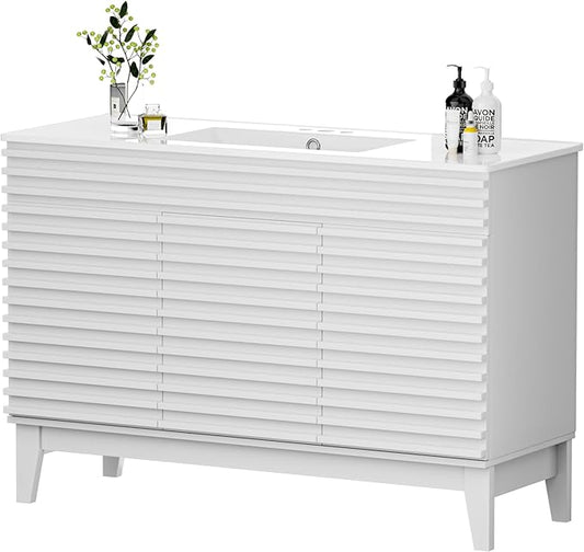 APRILSOUL 48" Bathroom Vanity with Ceramic Sink, Mid-Century Bathroom Vanity Cabinet with 2 Soft Closing Doors, Freestanding Bathroom Cabinet, Particleboard Frame with Wood Grain Laminate, White