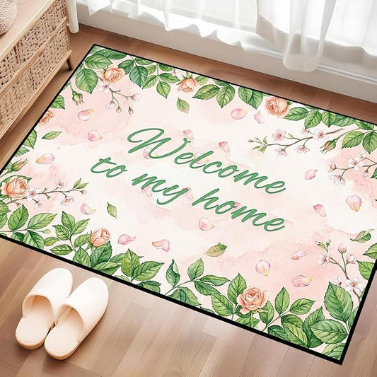 Welcome Rug Floral Area Rug for Entryway Bedroom Living Room Nursery Playroom Classroom Home Decor Pink Rose Green Leaf Carpet Non-Slip Washable Floor Mat,2'x3'