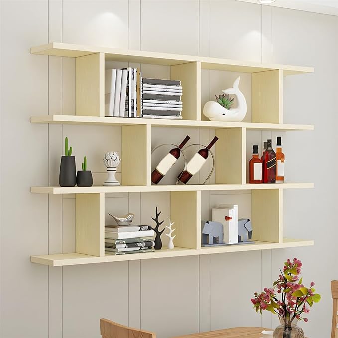 Wall Mounted Floating Shelves Modern Bookcase Storage Shelf Open Hanging Wall Shelves Bookshelf for Home Deco LivingRoom Bedroom Study Office -Beige 31.5" L x 6" W x 38" H