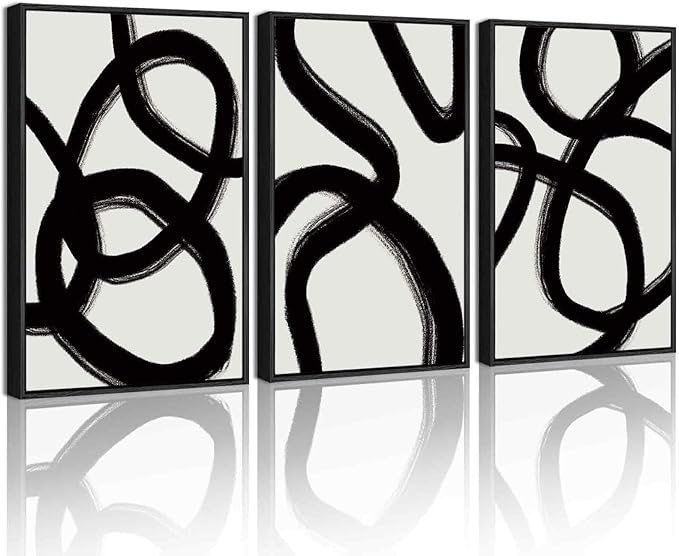 KUVIOKE Black and White Abstract Framed Wall Art Ink Wash Minimalist Lines Painting Artwork for Bedroom Hallway 16x24in (Black Framed)