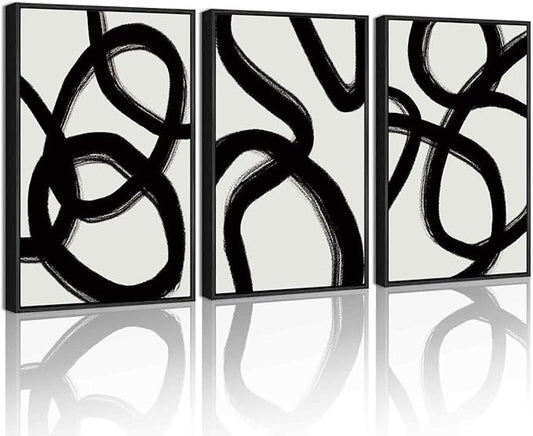 KUVIOKE Black and White Abstract Framed Wall Art Ink Wash Minimalist Lines Painting Artwork for Bedroom Hallway 16x24in (Black Framed)