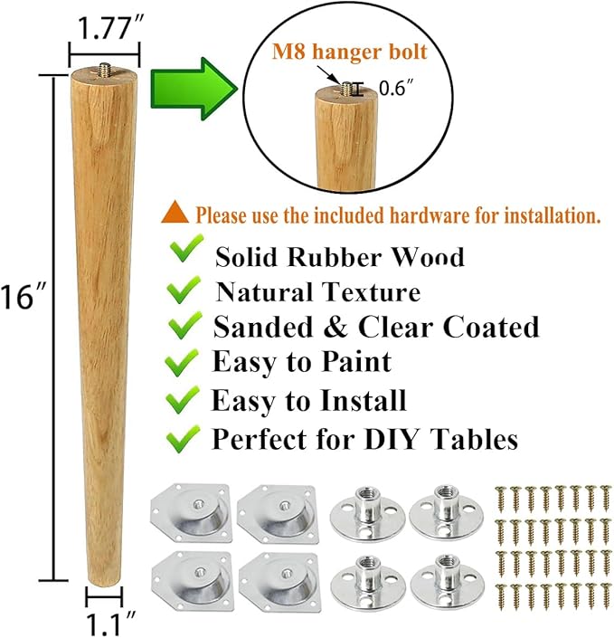 Table Legs 16 inch Wood Furniture Legs for Coffee Table End Table Mid-Century Modern DIY Furniture Tapered Natural Threaded M8 Hanger Bolts Pack of 4