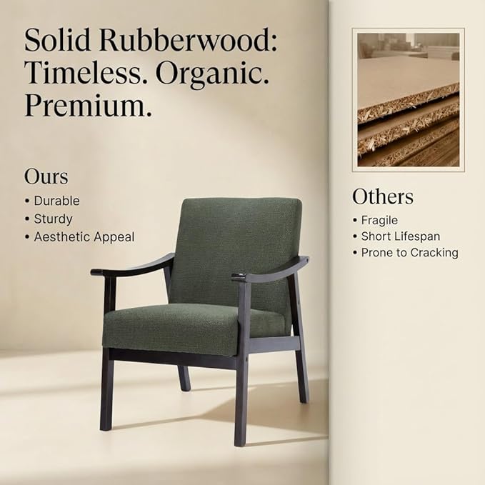 Mid-Century Modern Accent Chair, Upholstered Arm Chair Solid Wood Frame for Lounge, Living Room, Reading Room, Bedroom (Antique Green)