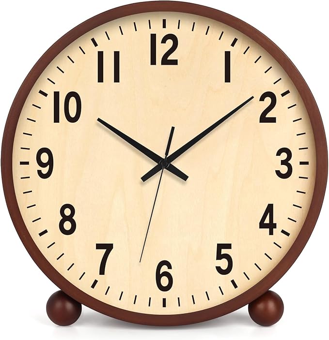 Maxspace Wooden Table Clock,8in Silent Non-Ticking Desk Clock,Battery Operated Desktop Analog Clock for Living Room Bedroom Kitchen Office Classroom Decor (Walnut)