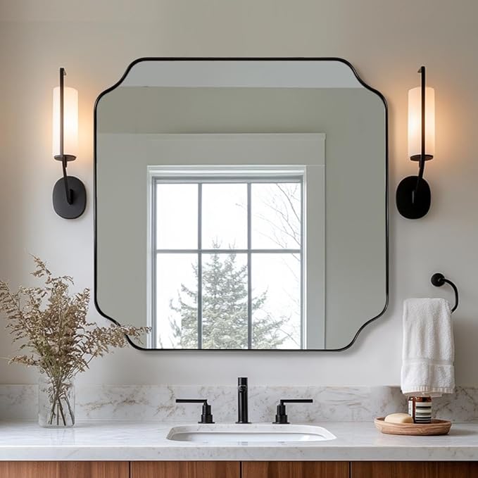 ANDY STAR 30x30 c Square Mirror, Matte Black Vanity Mirror, Modern Scalloped Bathroom Mirror in Premium Stainless Steel Metal Thin Frame, Unique Rounded Notched Corners