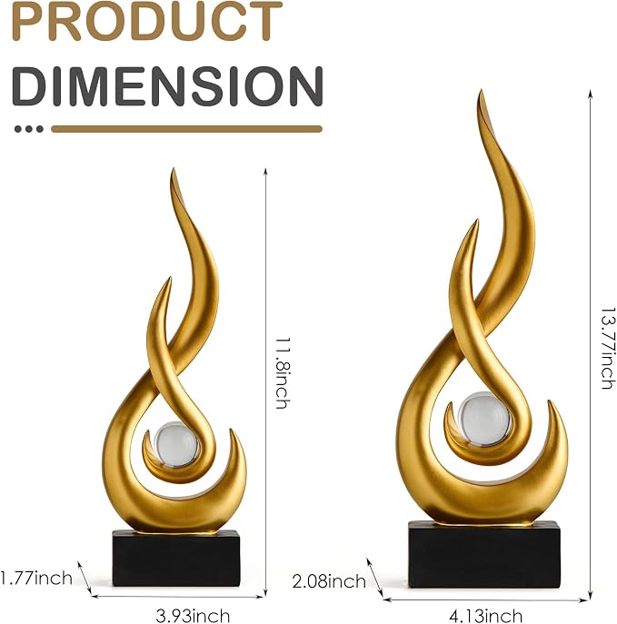 Octdays Gold Abstract Statue Sculpture Decorations, 11.61" H Modern Sculptures Home Décor Accents, Resin Art Flame Figurines for Living Room Table Centerpiece Office Desk TV Stand Decor