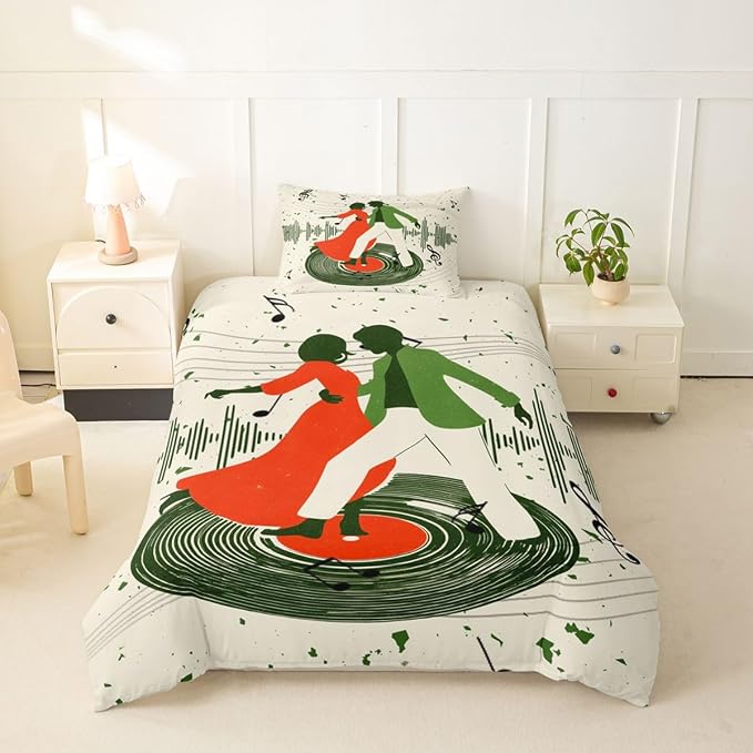 Erosebridal Retro Music Bedding Set Twin for Adults - Romantic Couple Dance Duvet Cover Vintage Vinyl Record Comforter Cover,Trendy Musical Notes Bed Set