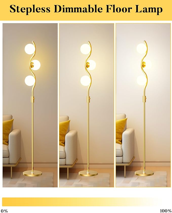 Lightdot 60IN Gold Floor Lamp Stepless Dimmable Globe Floor Lamps with 3Pcs 3000K G9 Bulbs Eye-Friendly Mid Century Standing Lamps with Stable Base for Living Room/Bedroom/Sofa Beside/Corner Decor