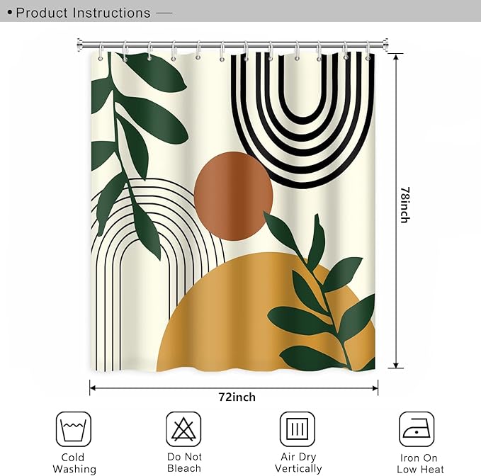 Abstract Mid Century Bohemian Bathroom Shower Curtain Orange Sun Green Eucalyptus Leaves Arch Shower Curtain with Hooks Waterproof Fabric Polyester Shower Curtain Home Decor, 72x78 Inch