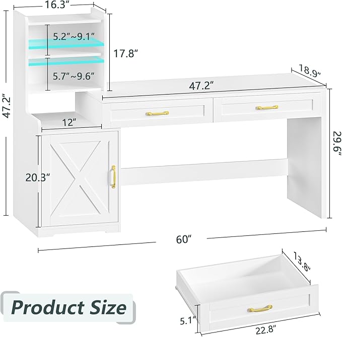 60" Computer Desk with Drawers & Bookshelves, Home Office Desk with Storage Cabinet & Spacious Desktop, Writing Gaming Study Table with Bookcase, White