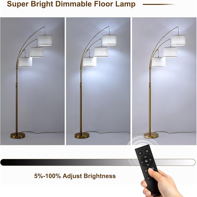 Gold Floor Lamps for Living Room, Super Bright Arc Floor Lamp with Remote Control, 3 Light Tall Floor Lamps with Stepless Dimmable, 80" Mid Century Tree Floor Lamp for Bedroom, Office