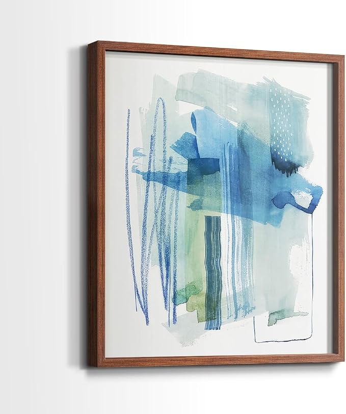 Renditions Gallery Set of 2 Peel & Stick Framed Prints, Modern Abstract Wall Art, Blue and Neutral Bold Brushstrokes Wall Decor, Re-Stickable - Ready to Hang - 22"x28" - Walnut Frame LT588