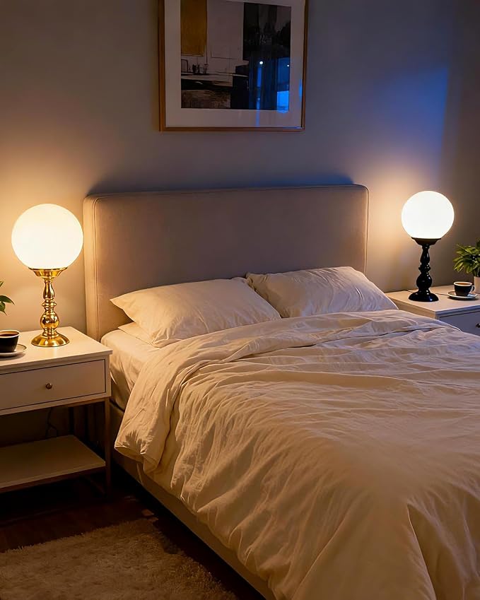 Lightdot Globe Table Lamp for Bedroom Mid Century Modern Small Desk Lamp 3000K Warmwhite Cute Nightstand Bedside Lamps for Living Room Home Office-2Pack(Gold & Black)