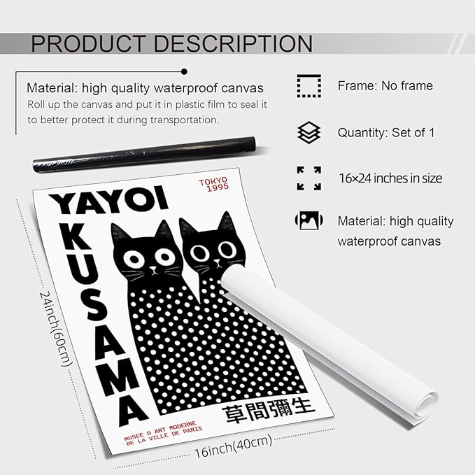 EOLRCIG Black and White Cute Abstract Cat Wall Art Japanese Yayoi Kusama Canvas Poster Modern Fashion Minimalist Painting for Living Room Wall Decor 16X24 inch Unframed Cat Lover Gifts