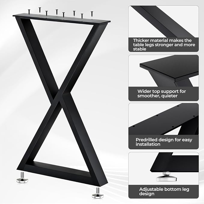 Table Legs 28”H x 24”W Heavy Duty Metal Furniture Legs Z Shape for Dining Table Kitchen Table Office Desk Table Base Replacement with Adjustable Feet Pads Screws 1000 LBS Load Black Set of 2