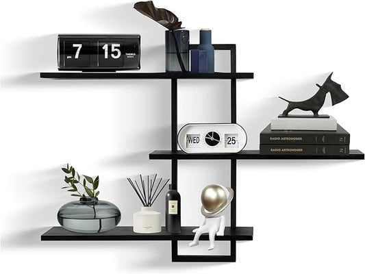 PHOENANCEE 3 Tier Wall Shelves,Decorative Floating Shelf for Wall,Plants Photo Shelf Storage Display Shelving Wood for Living Room Bedroom Kitchen Home Office Decor,Modern,Large,22 Inch(Black)