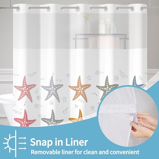 No Hook Shower Curtain with Snap in Liner Set Coastal Starfish Theme Shower Curtain for Bathroom Hotel Style Decor Waterproof and Washable Polyester Fabric Bath Curtains Shower 71Wx74H