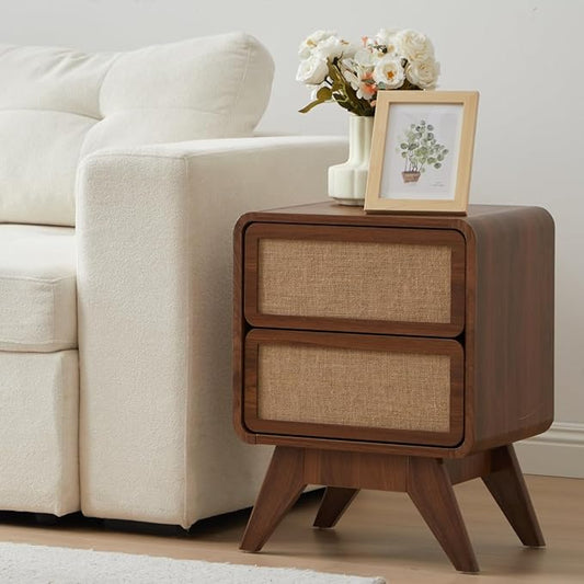 AVZEAR Mid Century Night Stand with 2 Drawers, Wood Bedside Table Curved Round Edge Nightstands with Linen, Solid Wood Legs, End Table Side Table for Small Space, Dorm, Bedroom (Walnut)