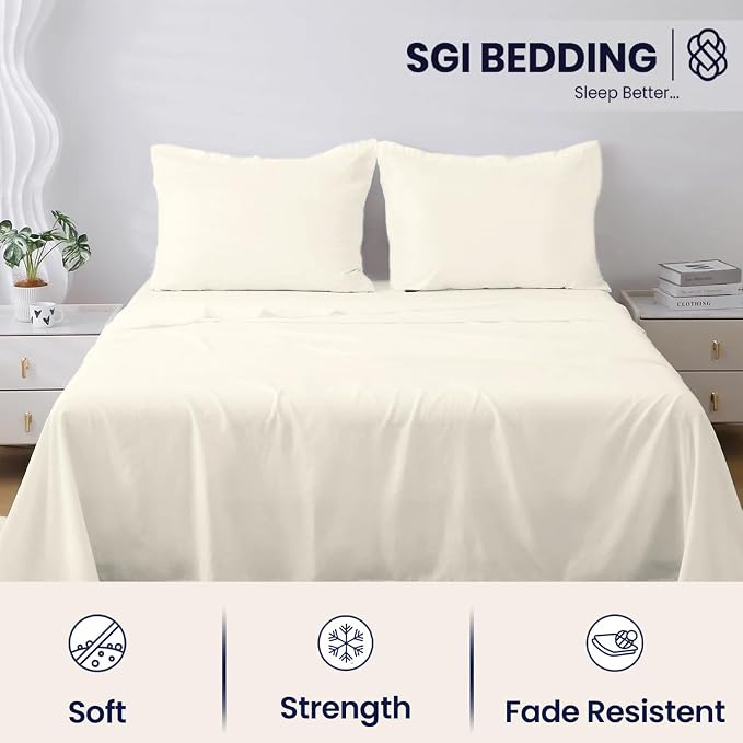 SGI bedding 600 Thread Count 100% Egyptian Cotton Queen Sheet Set Ivory – Luxury 4-Piece Super Soft Bed Sheets, Breathable Hotel-Quality Bedding, 15” Deep Fitted, Cooling, Durable & Non-Pilling