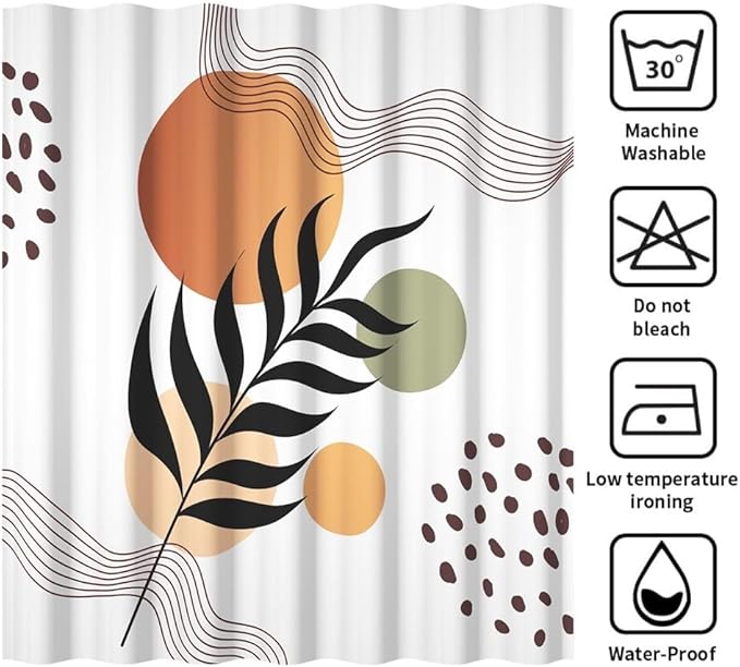 Boho Shower Curtain for Bathroom Black Leaves Orange Sun Brown Spots Abstract Stripes Shower Curtains Abstract Minimalist Bathroom Set Decor Washable Waterproof Polyester Fabric with Hooks 65x72 Inch