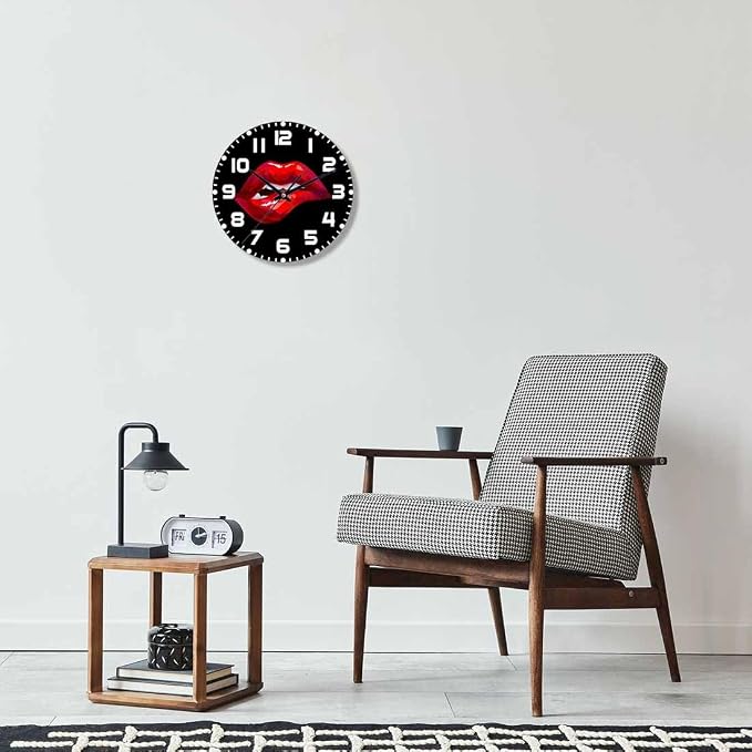 Red Lips Wall Clock Sexy Biting Lips on Black Background Battery Powered Wall Clock Silent Non Ticking 10 Inch for Living Room, Kitchen, Home,Bathroom, Bedroom