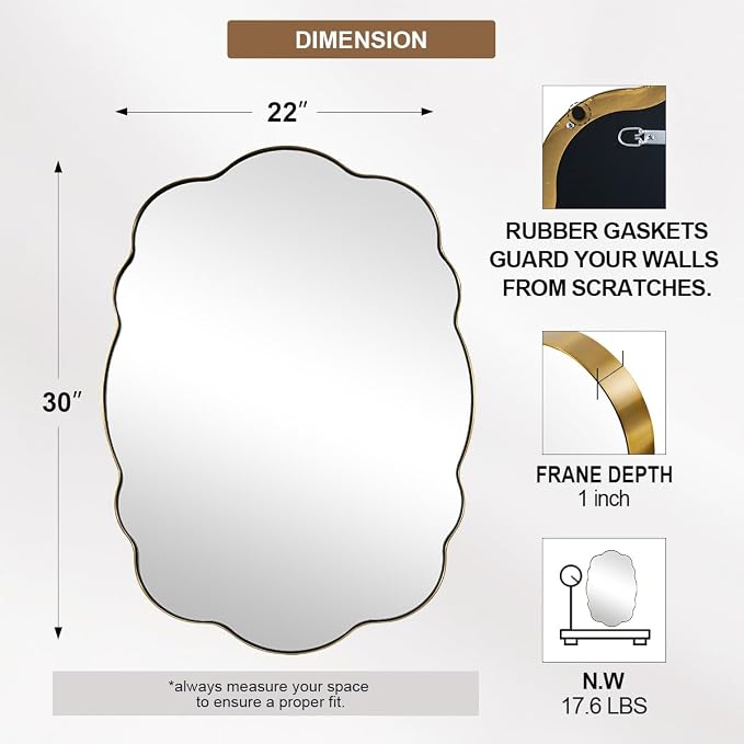 ANDY STAR Brushed Gold Wavy Scalloped Mirror - 22x30 Inch Oval Bathroom Mirror, Rust-Proof Anti Rust Stainless Steel Wall Mount Horizontal or Vertical