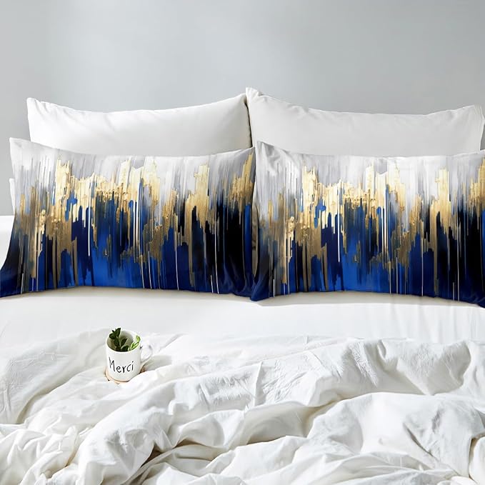 Erosebridal Abstract Art Bed Set Navy Gold Grey Duvet Cover, Stripe Bedding Set Twin Golden Metallic Sequins Comforter Cover, Dark Blue Tie Dye Bed Cover Luxurious Modern Bedroom Decor