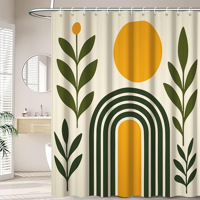 Modern Boho Shower Curtain for Bathroom Abstract Minimalist Bathroom Decor Set Green Leaves Arch Sun Bathtub Curtains Machine Washable Waterproof Polyester Fabric with Hooks 72x84 Inch